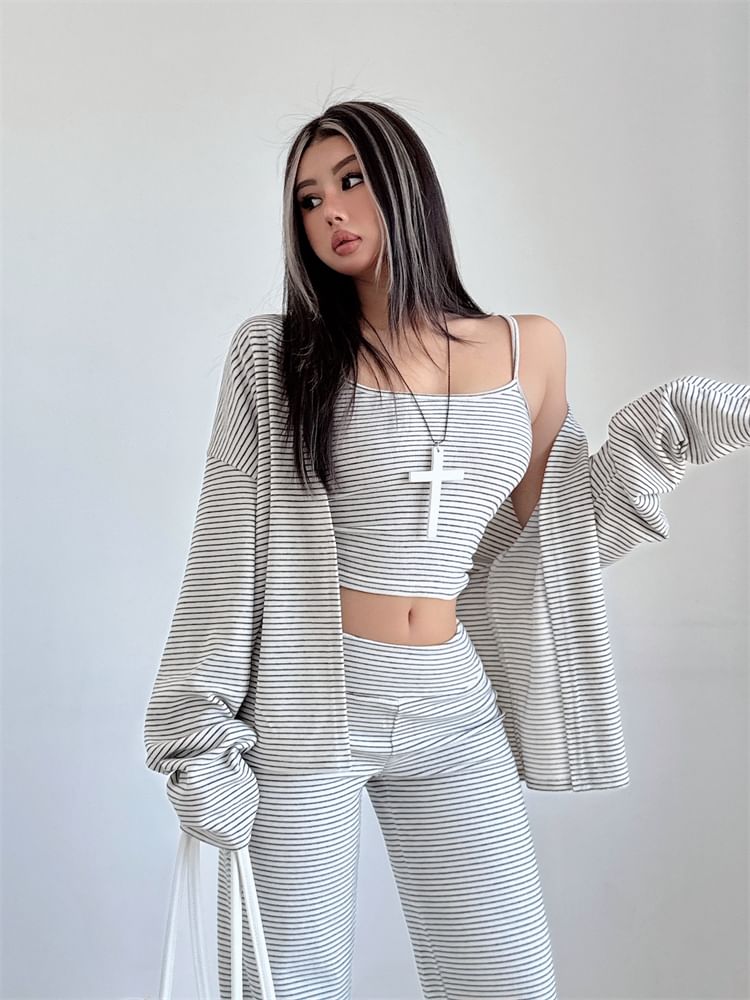 Striped Cardigan Set with Crop Cami and Wide-Leg Trousers