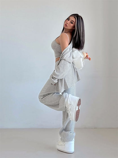 Striped Cardigan Set with Crop Cami and Wide-Leg Trousers