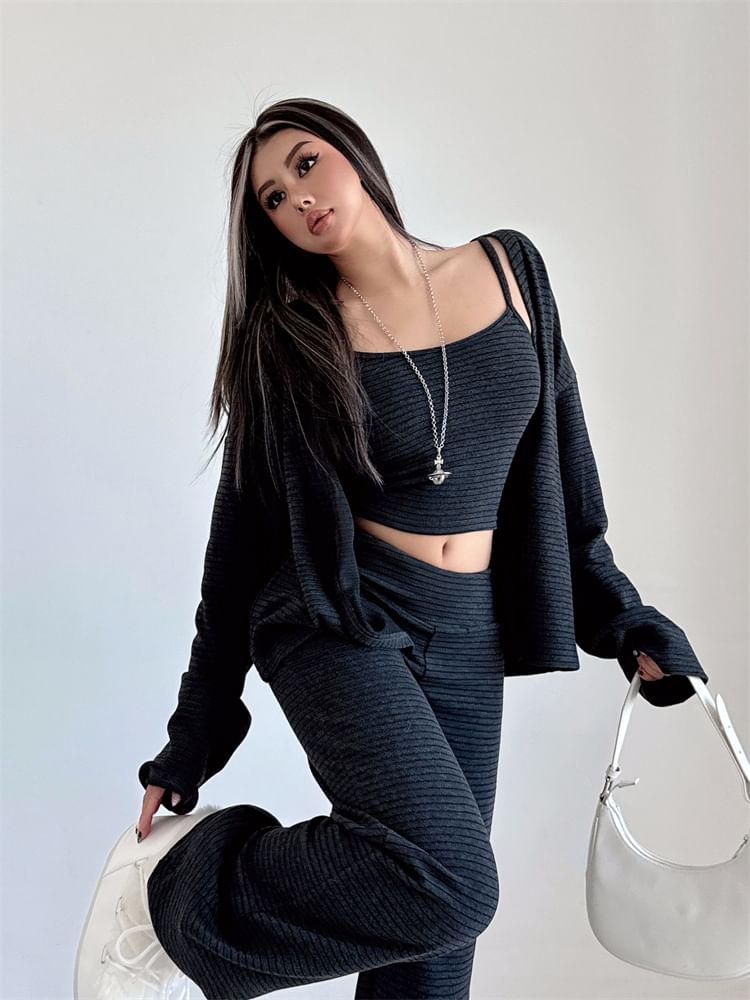 Striped Cardigan Set with Crop Cami and Wide-Leg Trousers