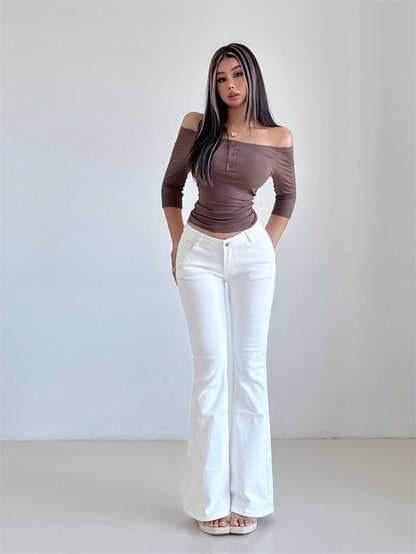 Trendy 3/4-Sleeve Off-Shoulder Fitted Crop Blouse