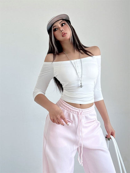 Trendy 3/4-Sleeve Off-Shoulder Fitted Crop Blouse