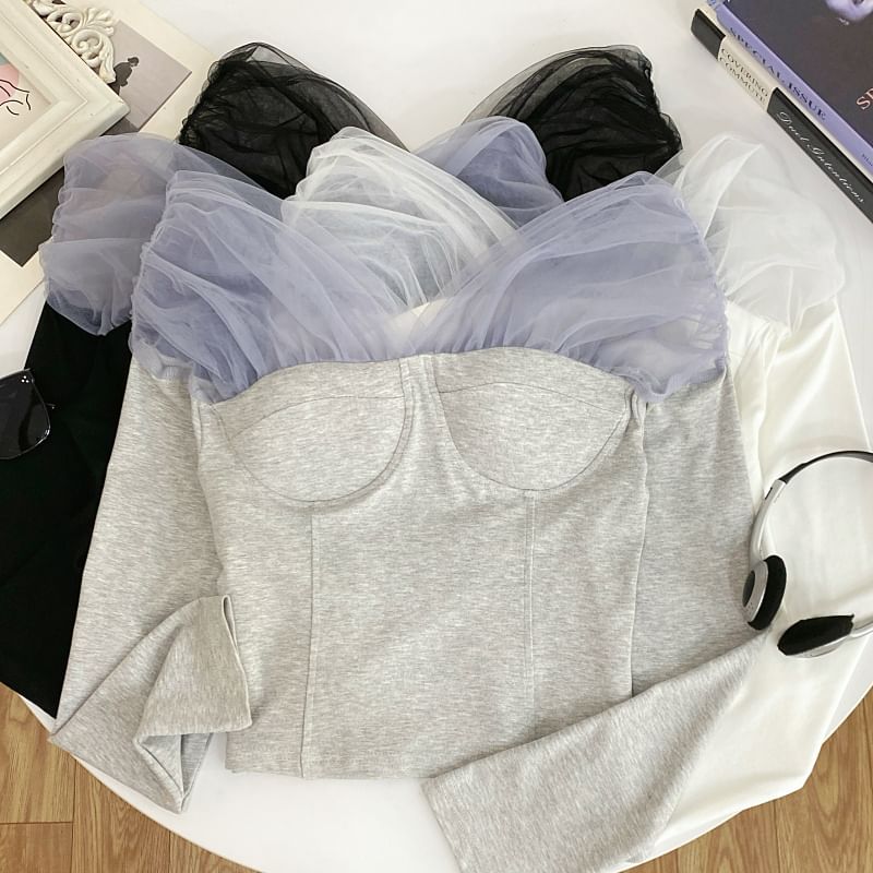 Sheer Panel T-Shirt Off Shoulder Long Sleeve