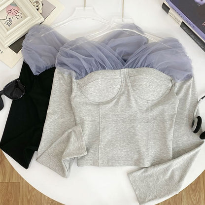 Sheer Panel T-Shirt Off Shoulder Long Sleeve