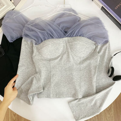 Sheer Panel T-Shirt Off Shoulder Long Sleeve