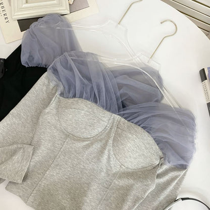 Sheer Panel T-Shirt Off Shoulder Long Sleeve