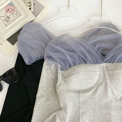 Sheer Panel T-Shirt Off Shoulder Long Sleeve