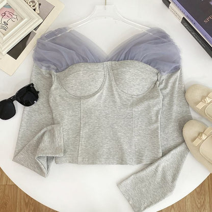 Sheer Panel T-Shirt Off Shoulder Long Sleeve