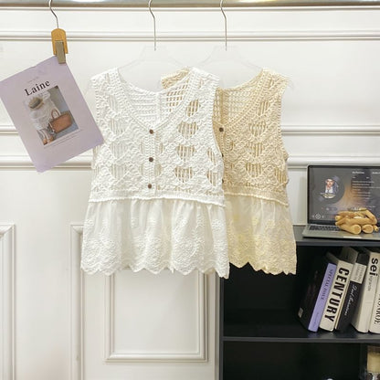 Crochet Lace Trim Sleeveless Top with V-Neck