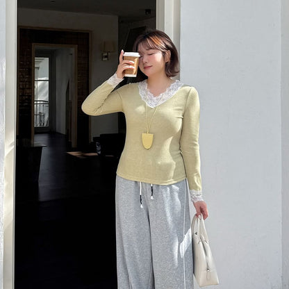 V-Neck Lace Panel Top Long Sleeve