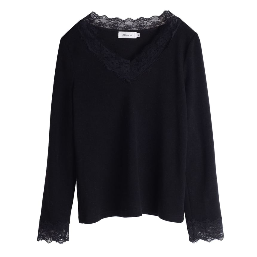 V-Neck Lace Panel Top Long Sleeve