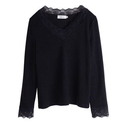 V-Neck Lace Panel Top Long Sleeve