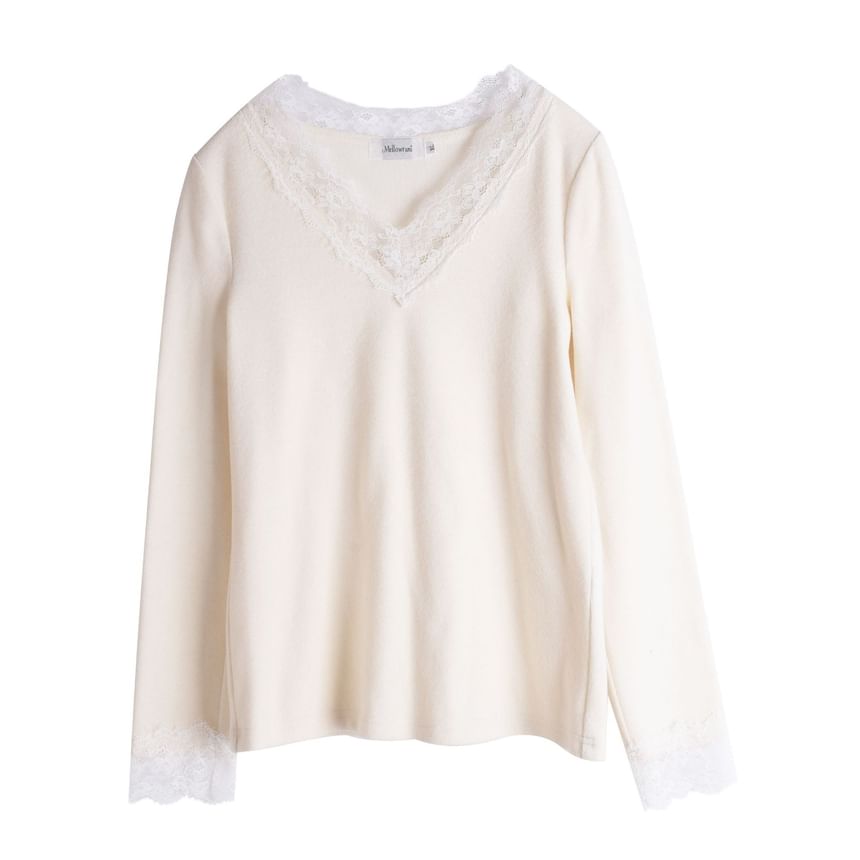 V-Neck Lace Panel Top Long Sleeve