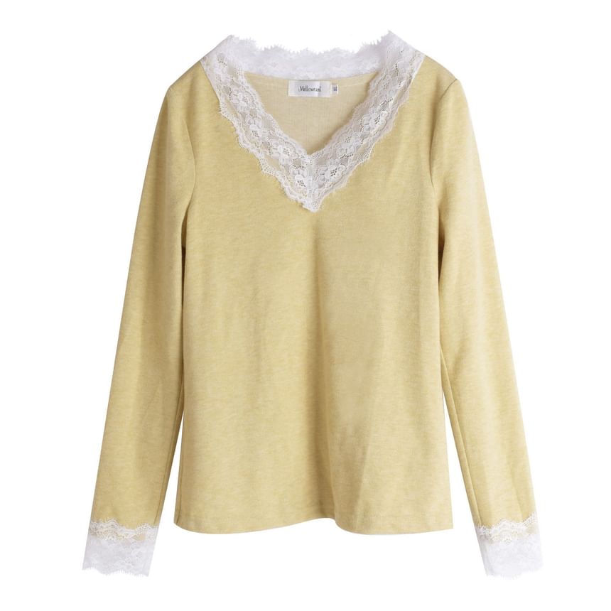 V-Neck Lace Panel Top Long Sleeve