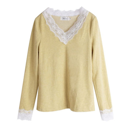 V-Neck Lace Panel Top Long Sleeve