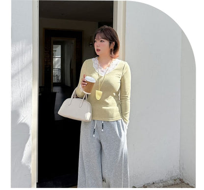V-Neck Lace Panel Top Long Sleeve
