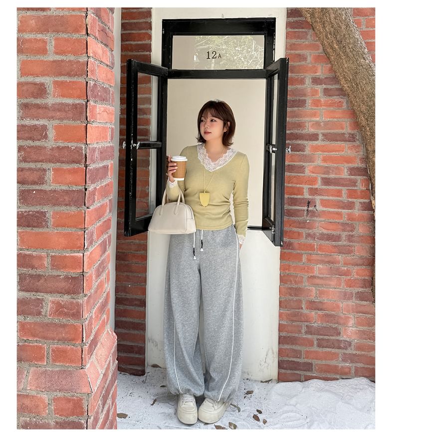 V-Neck Lace Panel Top Long Sleeve