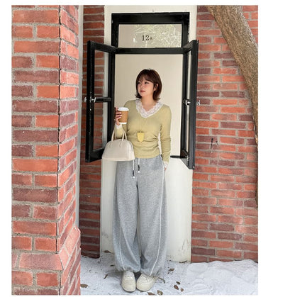 V-Neck Lace Panel Top Long Sleeve