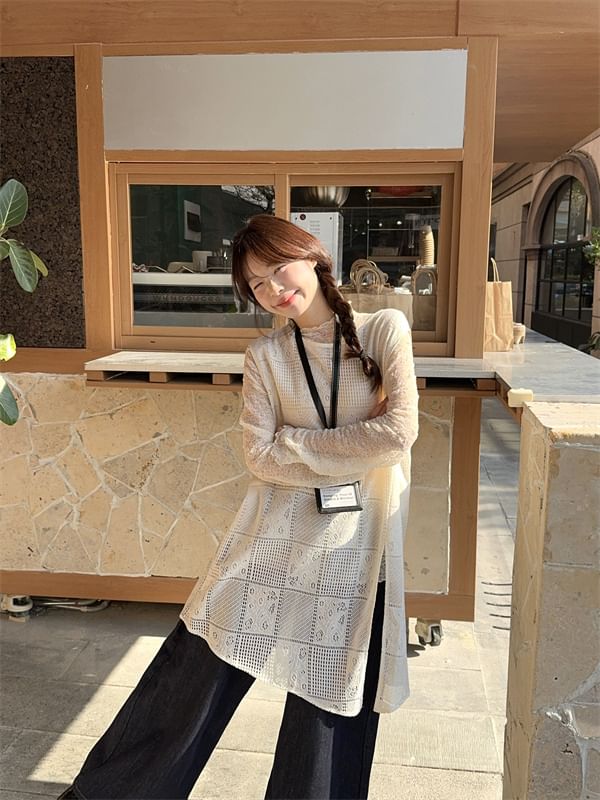 Sheer Mock Neck Long Sleeve Top with Slit Vest