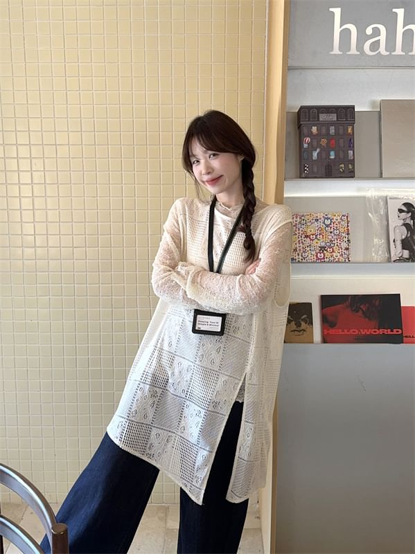 Sheer Mock Neck Long Sleeve Top with Slit Vest