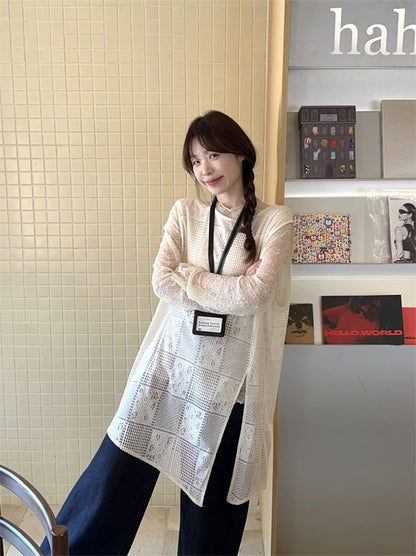 Sheer Mock Neck Long Sleeve Top with Slit Vest