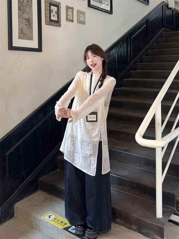 Sheer Mock Neck Long Sleeve Top with Slit Vest