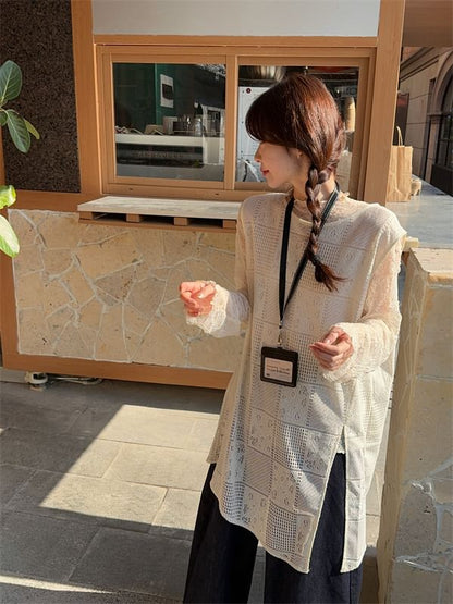 Sheer Mock Neck Long Sleeve Top with Slit Vest
