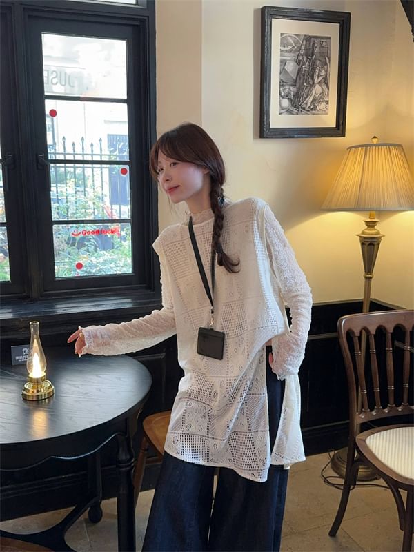 Sheer Mock Neck Long Sleeve Top with Slit Vest