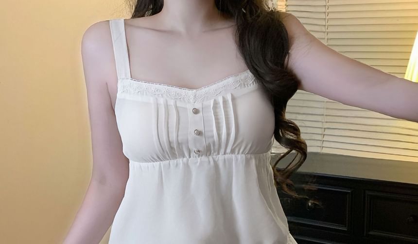 Ruffle Front Button Camisole with Tie Detail