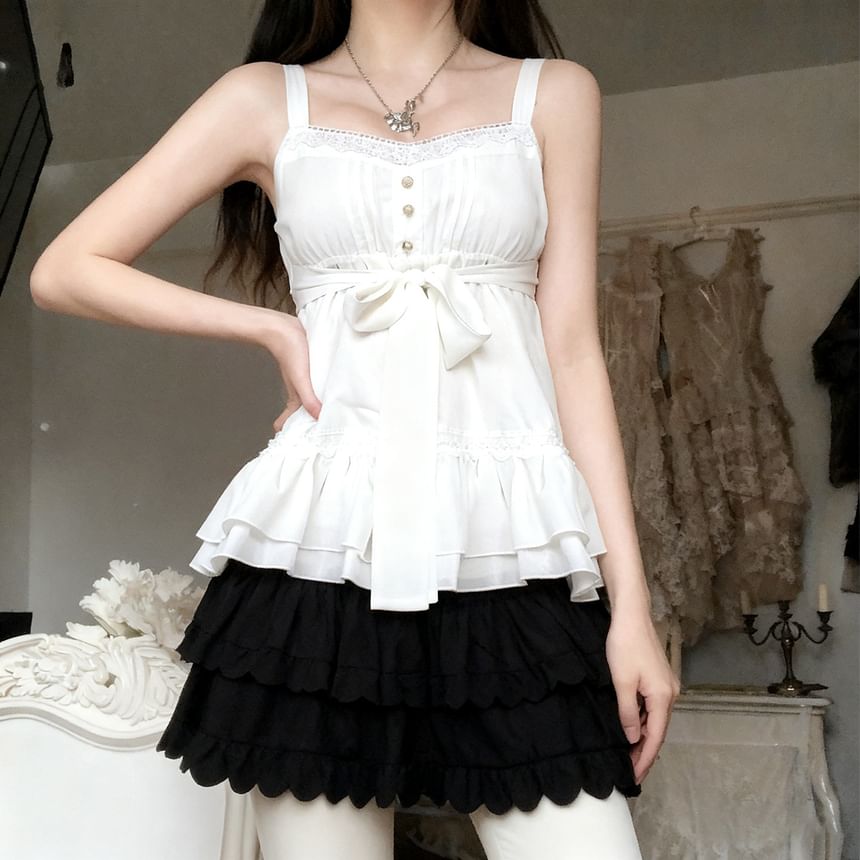 Ruffle Front Button Camisole with Tie Detail