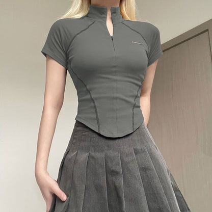 Mock Neck Half-Zip Short Sleeve Top