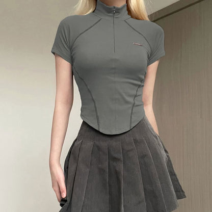 Mock Neck Half-Zip Short Sleeve Top