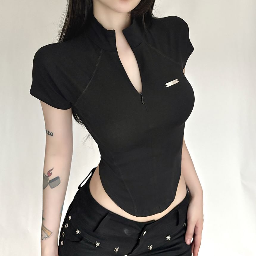 Mock Neck Half-Zip Short Sleeve Top