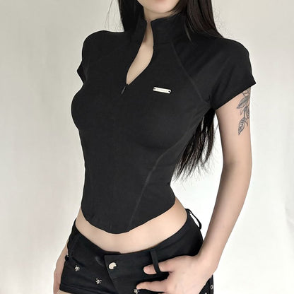 Mock Neck Half-Zip Short Sleeve Top