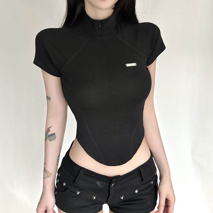 Mock Neck Half-Zip Short Sleeve Top