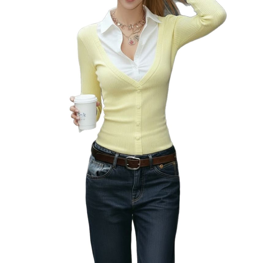 Two-Tone Collared Button Top with Mock Layer