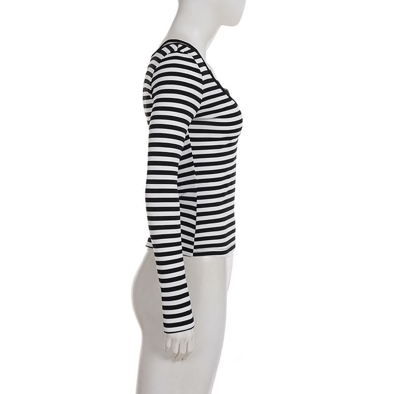 Long Sleeve V-Neck Striped Mock Two Piece Lace Trim Top