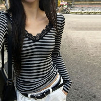 Long Sleeve V-Neck Striped Mock Two Piece Lace Trim Top