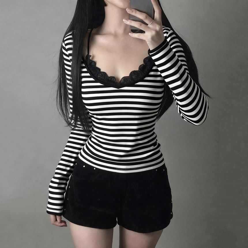 Long Sleeve V-Neck Striped Mock Two Piece Lace Trim Top