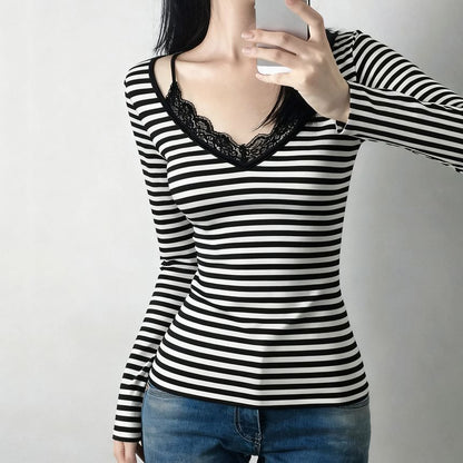 Long Sleeve V-Neck Striped Mock Two Piece Lace Trim Top