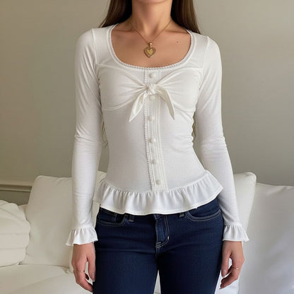 Square Neck Ruffle Button-Up Long Sleeve Blouse