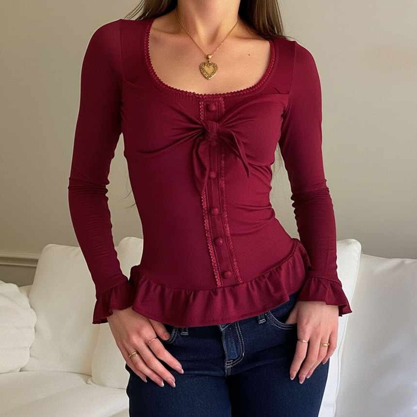 Square Neck Ruffle Button-Up Long Sleeve Blouse
