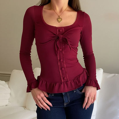 Square Neck Ruffle Button-Up Long Sleeve Blouse