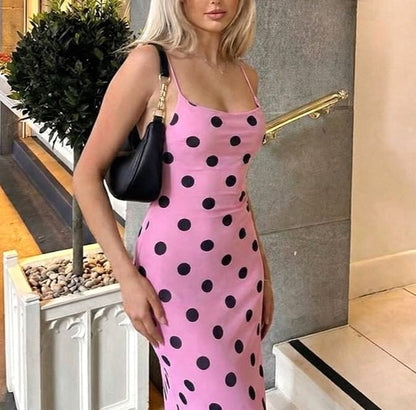Spaghetti Strap Cowl Neck Dotted Open-Back Slim-Fit Maxi Dress