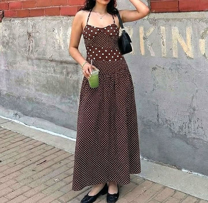 Spaghetti Strap Halter Neck Polka Dot Slim-Fit Maxi Dress