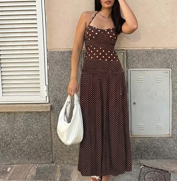 Spaghetti Strap Halter Neck Polka Dot Slim-Fit Maxi Dress