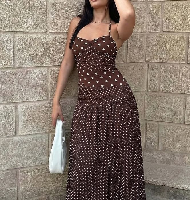 Spaghetti Strap Halter Neck Polka Dot Slim-Fit Maxi Dress