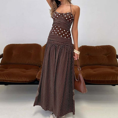 Spaghetti Strap Halter Neck Polka Dot Slim-Fit Maxi Dress