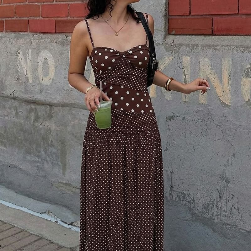 Spaghetti Strap Halter Neck Polka Dot Slim-Fit Maxi Dress