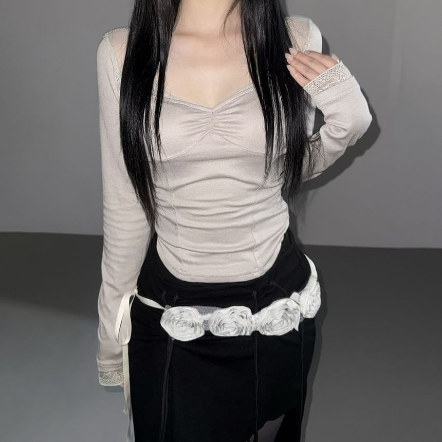 Scoop Neck Long Sleeve Tee with Lace Trim