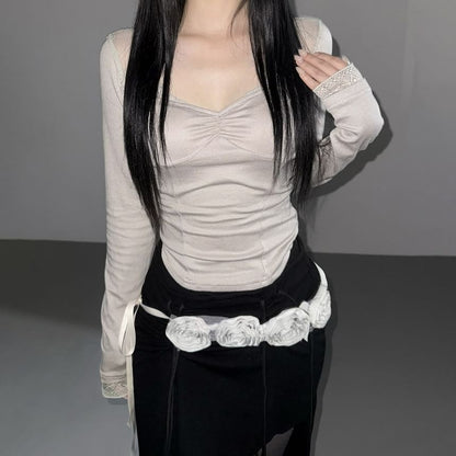 Scoop Neck Long Sleeve Tee with Lace Trim